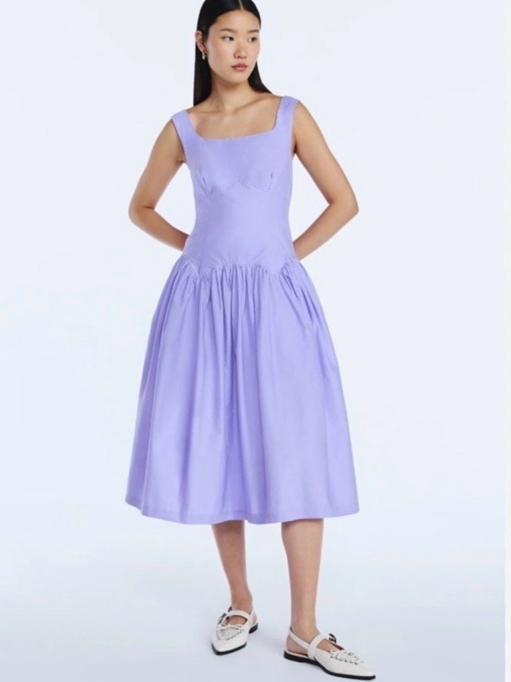 SCOOP. Women’s Sleeveless Lavender Cotton Dress with Gathered Skirt & tie back